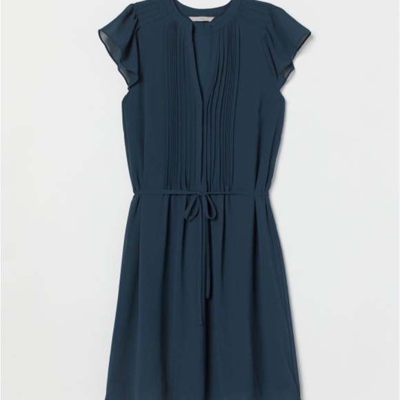 H&M Pintuck Flutter Sleeve Tie Waist Navy Chiffon Dress XXS - Picture 4 of 9